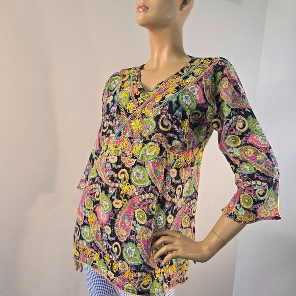 Colorful Floral Paisley Tunic with Embroidery Sz M Ethnic Tribal Vibe - Picture 5 of 7